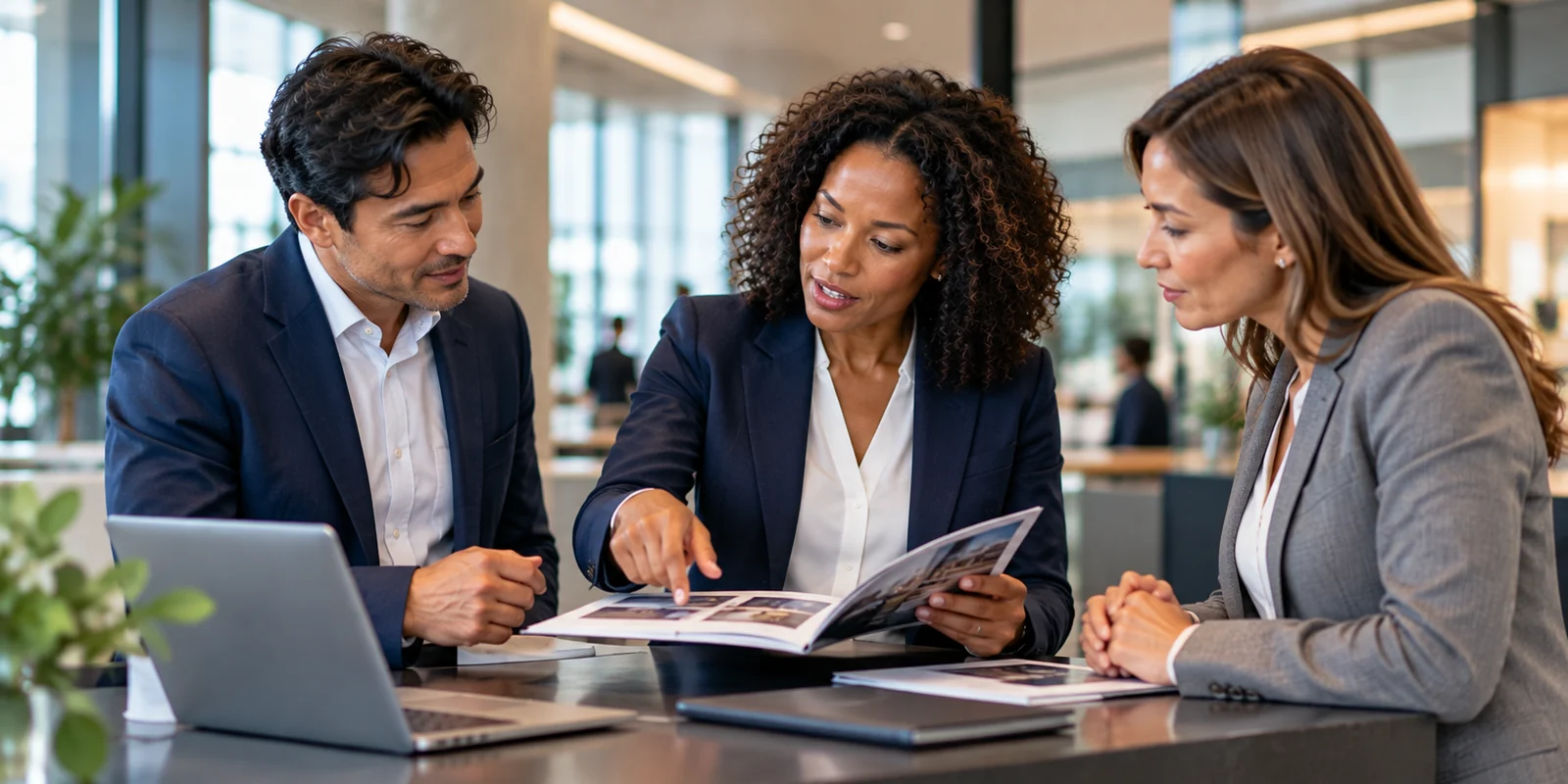 Professional discussing work with two international business partners